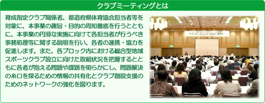 育成指定クラブ関係者、都道府県体育協会担当者等を対象に、本事業の趣旨・目的の周知徹底を行うとともに、本事業の円滑な実施に向けて各担当者が行うべき事務処理等に関する説明を行い、各者の連携・協力を促進します。また、各ブロック内における総合型地域スポーツクラブ設立に向けた取組状況を把握するとともに各者が抱える問題や課題を明らかにし、問題解決の糸口を探るための情報の共有化とクラブ創設支援のためのネットワークの強化を図ります。