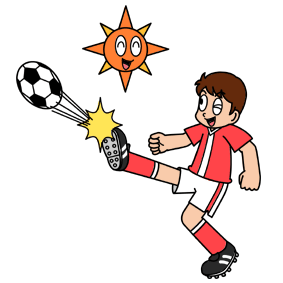 サッカーボールを蹴る少年と太陽のイラスト